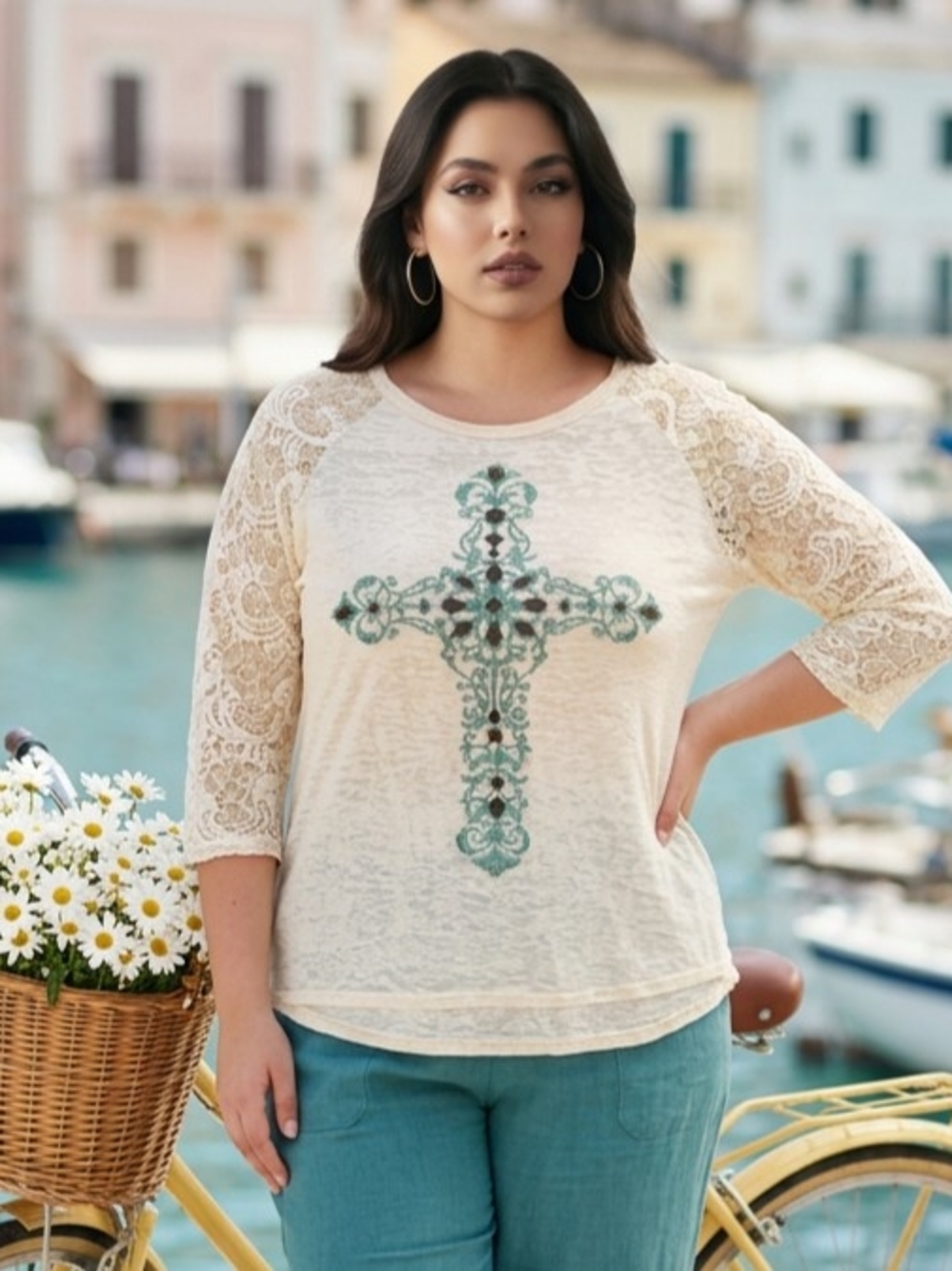 Southern Grace Cream Burnout Tee Ornate Turquoise, Bronze-toned Jeweled Cross XL